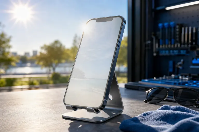 Smartphone on aluminum stand outdoors in bright sunlight, screen washed out by glare, sunglasses and towel nearby Smartphone on aluminum stand outdoors in bright sunlight, screen washed out by glare, sunglasses and towel nearby