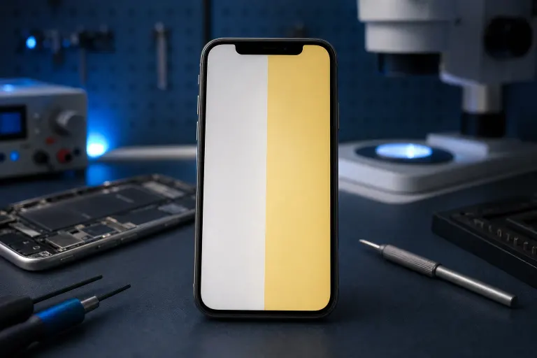 iPhone with half-white, half-yellow screen displayed in a repair lab with screwdrivers, open phone chassis, and microscope. iPhone with half-white, half-yellow screen displayed in a repair lab with screwdrivers, open phone chassis, and microscope.