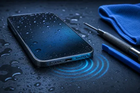 Wet smartphone with water droplets on screen, blue sound-wave graphic at speaker, screwdriver and pry tool nearby on dark surface. Wet smartphone with water droplets on screen, blue sound-wave graphic at speaker, screwdriver and pry tool nearby on dark surface.