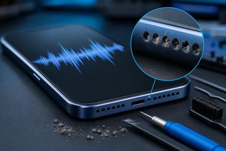 Smartphone with clogged speaker grille magnified in inset, audio waveform on screen, cleaning tools and debris nearby. Smartphone with clogged speaker grille magnified in inset, audio waveform on screen, cleaning tools and debris nearby.