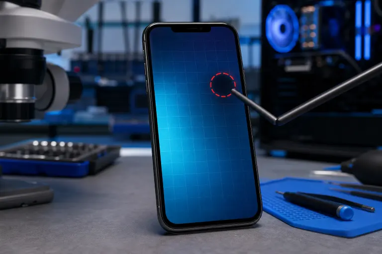 Smartphone with blue grid screen showing a red dashed circle marking a dead spot, surrounded by repair tools and a microscope. Smartphone with blue grid screen showing a red dashed circle marking a dead spot, surrounded by repair tools and a microscope.