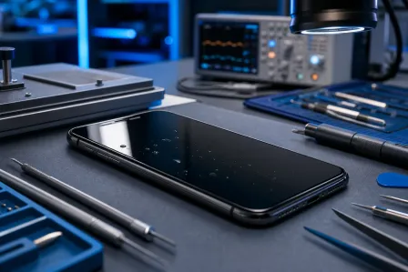 Black smartphone with water droplets on screen lying on repair workbench surrounded by precision tools and oscilloscope Black smartphone with water droplets on screen lying on repair workbench surrounded by precision tools and oscilloscope
