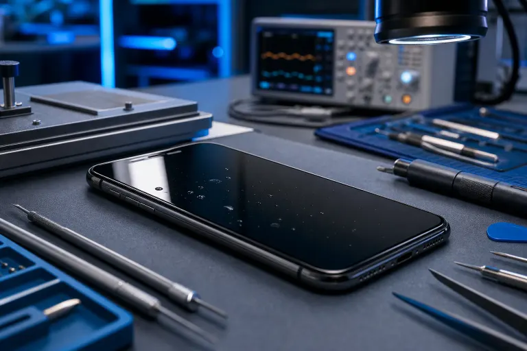 Black smartphone with water droplets on screen lying on repair workbench surrounded by precision tools and oscilloscope Black smartphone with water droplets on screen lying on repair workbench surrounded by precision tools and oscilloscope