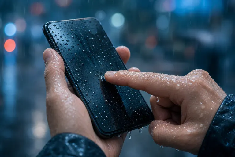 Wet hands using a rain-soaked smartphone outdoors at night, water droplets covering the dark touchscreen. Wet hands using a rain-soaked smartphone outdoors at night, water droplets covering the dark touchscreen.