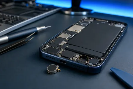 Disassembled smartphone showing internal components and battery, with a small vibration motor removed and placed beside it on a dark surface. Disassembled smartphone showing internal components and battery, with a small vibration motor removed and placed beside it on a dark surface.