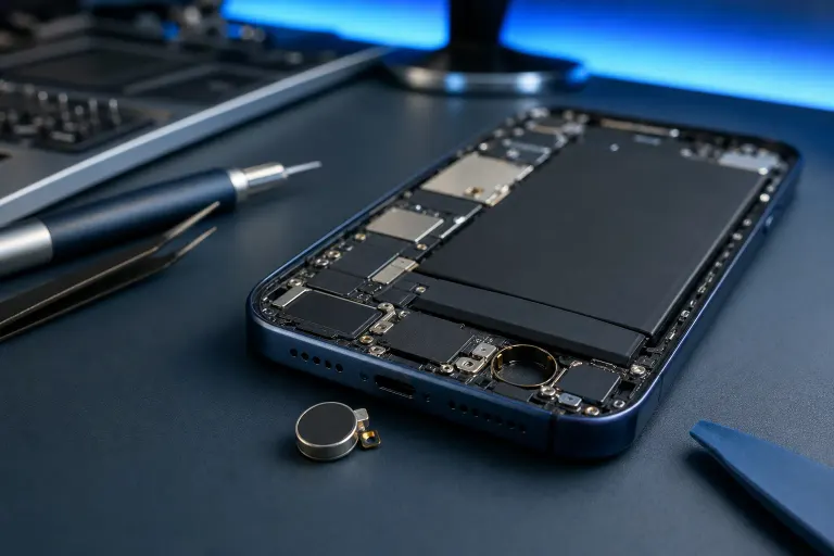 Disassembled smartphone showing internal components and battery, with a small vibration motor removed and placed beside it on a dark surface. Disassembled smartphone showing internal components and battery, with a small vibration motor removed and placed beside it on a dark surface.