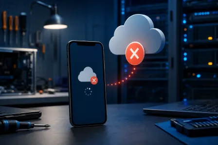 Smartphone displaying cloud error icon with red X, connected by dotted line to 3D cloud with error symbol, in dark server room