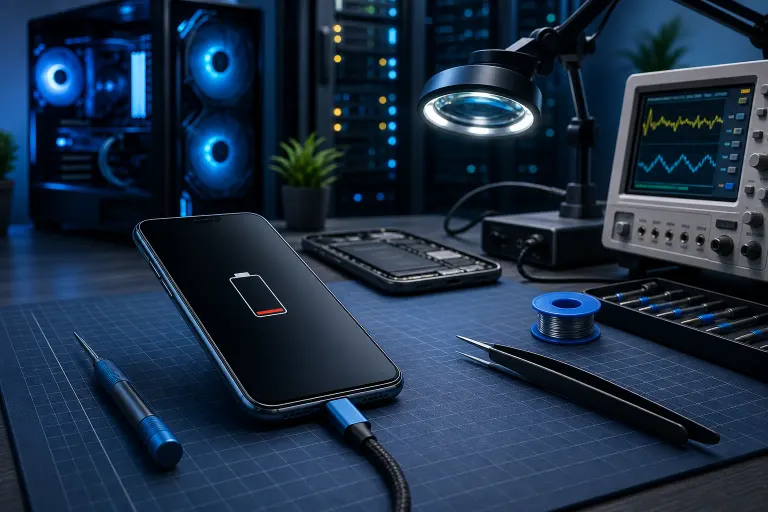 Smartphone with low-battery icon connected to USB cable on repair mat, surrounded by screwdrivers, tweezers, solder, and oscilloscope Smartphone with low-battery icon connected to USB cable on repair mat, surrounded by screwdrivers, tweezers, solder, and oscilloscope