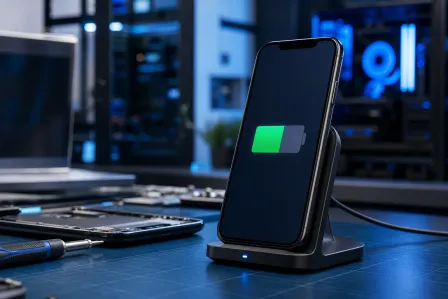 Smartphone on wireless charging stand displaying a half-full battery icon, beside disassembled phone and screwdriver on blue-lit desk Smartphone on wireless charging stand displaying a half-full battery icon, beside disassembled phone and screwdriver on blue-lit desk