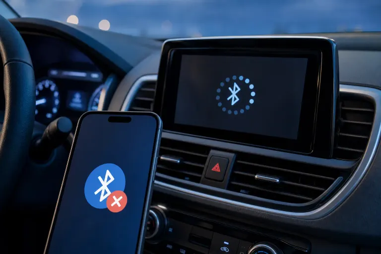 Smartphone showing Bluetooth error icon beside a car infotainment screen displaying Bluetooth searching animation. Smartphone showing Bluetooth error icon beside a car infotainment screen displaying Bluetooth searching animation.