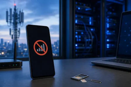 Smartphone displaying a no-signal icon, with SIM card tray, router, laptop, server racks, and 5G tower in background. Smartphone displaying a no-signal icon, with SIM card tray, router, laptop, server racks, and 5G tower in background.