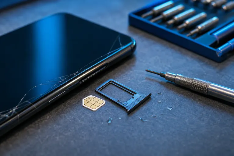 Cracked smartphone with ejected SIM tray, nano SIM card, screwdriver, and precision bit kit on dark surface. Cracked smartphone with ejected SIM tray, nano SIM card, screwdriver, and precision bit kit on dark surface.