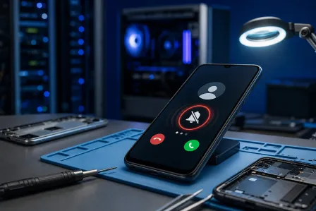 Smartphone displaying incoming call screen with muted bell icon on repair workbench with tools, screwdrivers, and PC in background. Smartphone displaying incoming call screen with muted bell icon on repair workbench with tools, screwdrivers, and PC in background.
