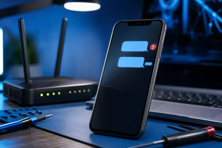 Smartphone displaying chat bubbles with a red error icon, beside a WiFi router, laptop, and tools on a blue-lit desk. Smartphone displaying chat bubbles with a red error icon, beside a WiFi router, laptop, and tools on a blue-lit desk.