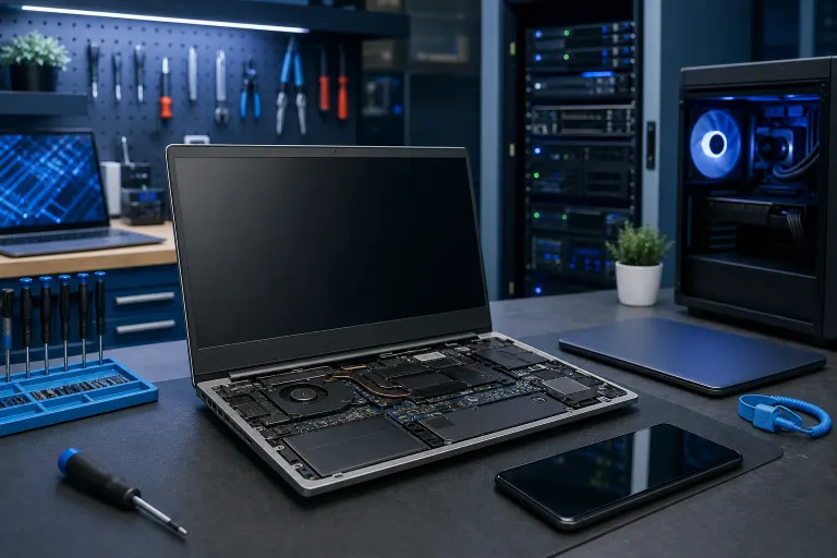 Disassembled laptop showing internal components on a tech repair workbench with screwdrivers, tools, and PC tower nearby. Disassembled laptop showing internal components on a tech repair workbench with screwdrivers, tools, and PC tower nearby.