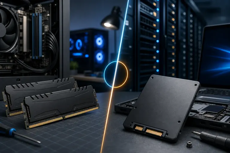 Split image comparing two DDR4 RAM sticks (left) vs a 2.5-inch SATA SSD (right), with PC and server backgrounds. Split image comparing two DDR4 RAM sticks (left) vs a 2.5-inch SATA SSD (right), with PC and server backgrounds.