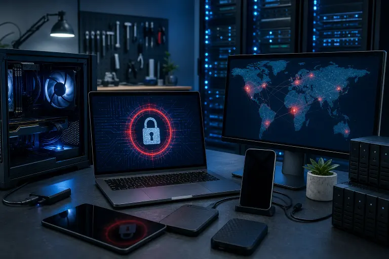 Dark tech workspace with laptop showing red lock icon, world map with threat nodes on monitor, open PC tower, and devices Dark tech workspace with laptop showing red lock icon, world map with threat nodes on monitor, open PC tower, and devices
