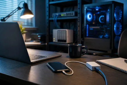 Dark home office desk with laptop, smartphone plugged into adapter, gaming PC with blue RGB lighting, NAS device, and coffee mug. Dark home office desk with laptop, smartphone plugged into adapter, gaming PC with blue RGB lighting, NAS device, and coffee mug.