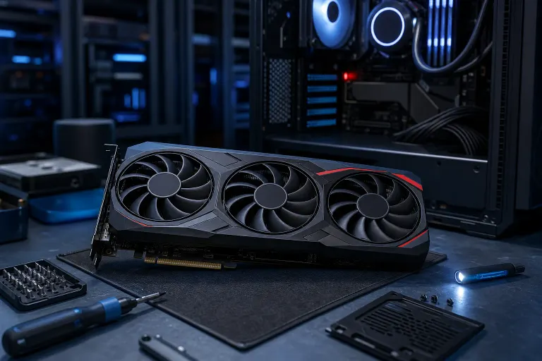 Triple-fan AMD-style GPU on a dark workbench beside screwdrivers and a flashlight, with a gaming PC case in background. Triple-fan AMD-style GPU on a dark workbench beside screwdrivers and a flashlight, with a gaming PC case in background.