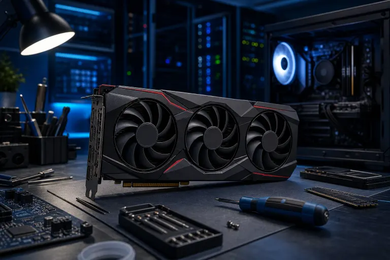 Triple-fan black and red GPU on a dark workbench surrounded by screwdrivers and PC components in a blue-lit lab Triple-fan black and red GPU on a dark workbench surrounded by screwdrivers and PC components in a blue-lit lab
