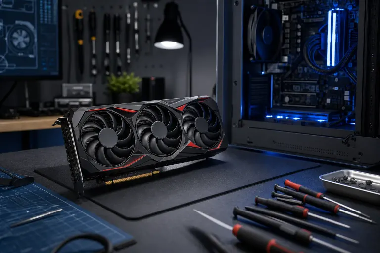 A triple-fan gaming GPU with red accents sits on a workbench beside screwdrivers, with a blue-lit PC case in background. A triple-fan gaming GPU with red accents sits on a workbench beside screwdrivers, with a blue-lit PC case in background.