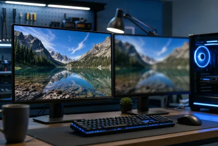 Dual-monitor desk setup: left monitor sharp with mountain lake wallpaper, right monitor visibly blurry with same image. Dual-monitor desk setup: left monitor sharp with mountain lake wallpaper, right monitor visibly blurry with same image.