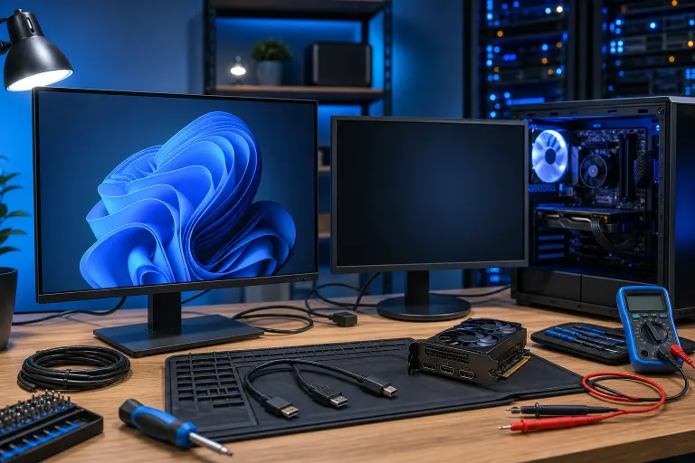 Workstation desk with two monitors (one showing Windows 11 wallpaper, one blank), open PC case, GPU, multimeter, and cables. Workstation desk with two monitors (one showing Windows 11 wallpaper, one blank), open PC case, GPU, multimeter, and cables.