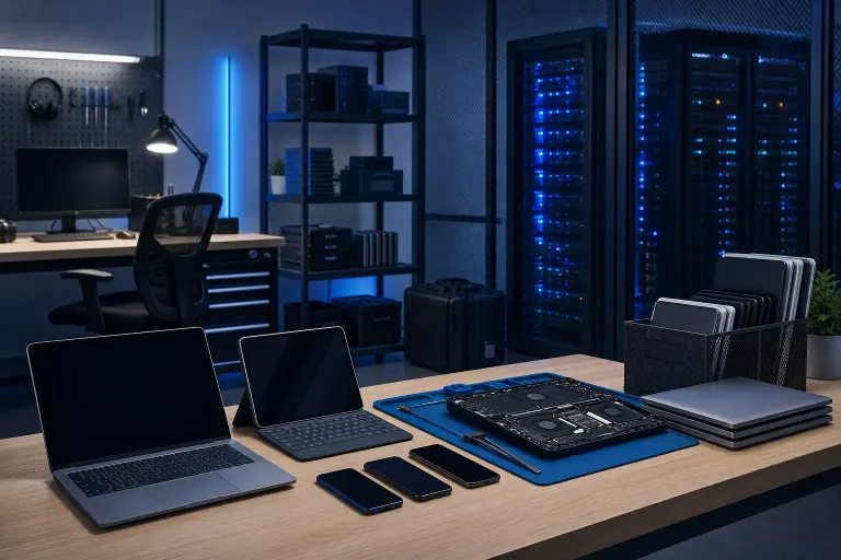 Tech workbench with open laptop, tablet, smartphones, disassembled MacBook, and server racks glowing blue in background. Tech workbench with open laptop, tablet, smartphones, disassembled MacBook, and server racks glowing blue in background.