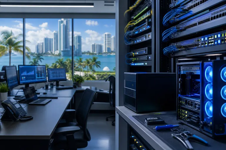 Modern South Florida office with server rack, blue-lit PC, network cables, monitors, and waterfront skyline view through windows. Modern South Florida office with server rack, blue-lit PC, network cables, monitors, and waterfront skyline view through windows.