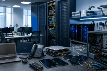 IT workspace with server racks, stacked laptops, tablets, VoIP phone, open PC case with RGB fans, and network cables.