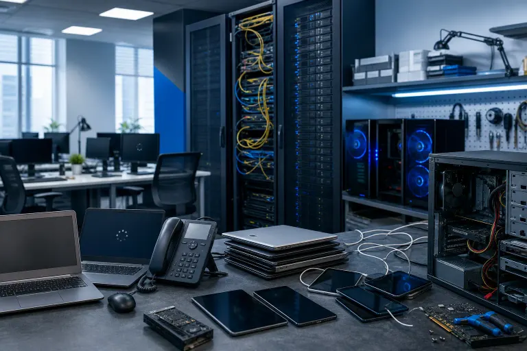 IT workspace with server racks, stacked laptops, tablets, VoIP phone, open PC case with RGB fans, and network cables. IT workspace with server racks, stacked laptops, tablets, VoIP phone, open PC case with RGB fans, and network cables.