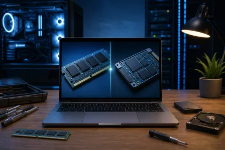 Laptop screen showing RAM stick vs SSD comparison, surrounded by screwdrivers, HDD, and RAM on a tech workbench Laptop screen showing RAM stick vs SSD comparison, surrounded by screwdrivers, HDD, and RAM on a tech workbench