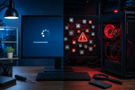 Split monitor showing loading screen and red warning icons with error symbols, next to open PC tower with red LED fans. Split monitor showing loading screen and red warning icons with error symbols, next to open PC tower with red LED fans.