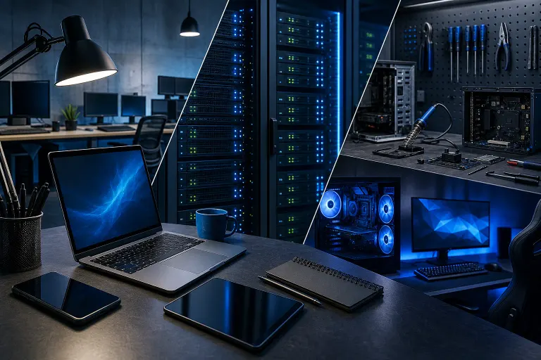 Three-panel composite: office workstation with laptop, data center server racks with blue LEDs, and PC repair bench with tools. Three-panel composite: office workstation with laptop, data center server racks with blue LEDs, and PC repair bench with tools.