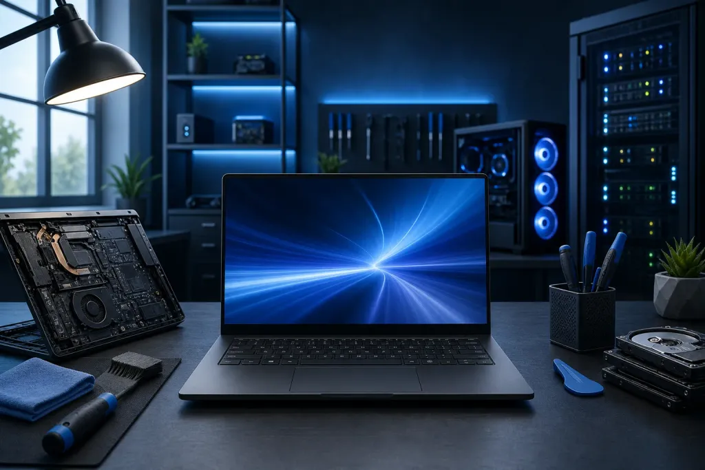 Dark tech workspace with open laptop showing blue wallpaper, disassembled laptop, cleaning tools, HDD, and glowing server racks. Dark tech workspace with open laptop showing blue wallpaper, disassembled laptop, cleaning tools, HDD, and glowing server racks.