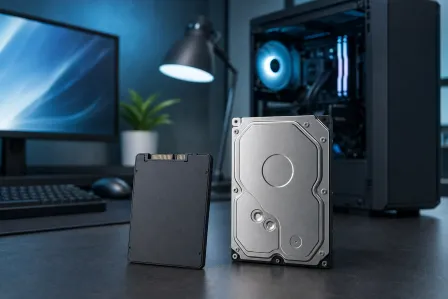A 2.5-inch SSD and 3.5-inch HDD standing upright on a desk beside a gaming PC, monitor, and keyboard.
