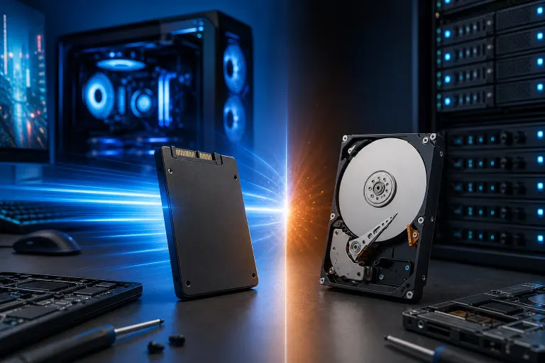 SSD and open HDD face off on a desk with blue RGB PC and server rack in background, dramatic light burst between them. SSD and open HDD face off on a desk with blue RGB PC and server rack in background, dramatic light burst between them.