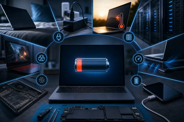 Laptop showing low-battery icon surrounded by six glowing blue cause-icons: heat, fan, charger, server, speed, battery, with related scenes Laptop showing low-battery icon surrounded by six glowing blue cause-icons: heat, fan, charger, server, speed, battery, with related scenes