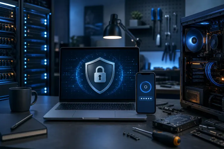 Dark tech workspace with laptop showing a glowing security shield/lock, a locked smartphone, open PC case, and server racks. Dark tech workspace with laptop showing a glowing security shield/lock, a locked smartphone, open PC case, and server racks.