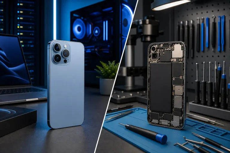 Split image: blue iPhone 13 Pro in tech setup (left) vs. same phone opened with internal components on repair mat (right) Split image: blue iPhone 13 Pro in tech setup (left) vs. same phone opened with internal components on repair mat (right)