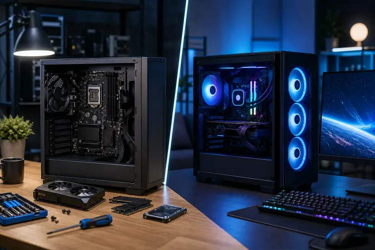 Split image: left shows PC under construction with parts on desk; right shows completed RGB gaming PC glowing blue beside a monitor. Split image: left shows PC under construction with parts on desk; right shows completed RGB gaming PC glowing blue beside a monitor.