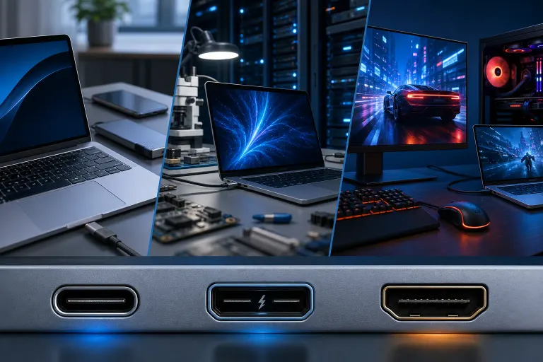 Three-panel composite showing laptop workspaces above close-up shots of USB-C, Thunderbolt, and HDMI ports on a device Three-panel composite showing laptop workspaces above close-up shots of USB-C, Thunderbolt, and HDMI ports on a device