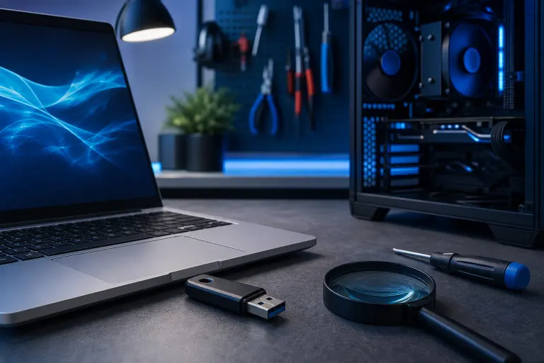 USB flash drive beside a laptop, magnifying glass, screwdriver, and open PC case with blue lighting in a tech workspace. USB flash drive beside a laptop, magnifying glass, screwdriver, and open PC case with blue lighting in a tech workspace.
