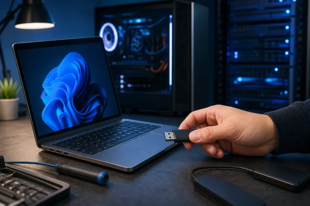 Hand holding a USB flash drive near a laptop displaying Windows 11 wallpaper, with a gaming PC in the background Hand holding a USB flash drive near a laptop displaying Windows 11 wallpaper, with a gaming PC in the background