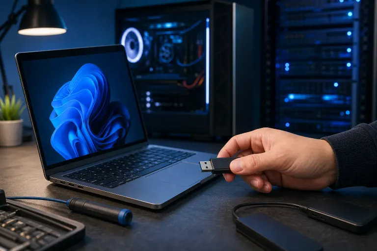 Hand holding a USB flash drive near a laptop displaying Windows 11 wallpaper, with a gaming PC in the background Hand holding a USB flash drive near a laptop displaying Windows 11 wallpaper, with a gaming PC in the background