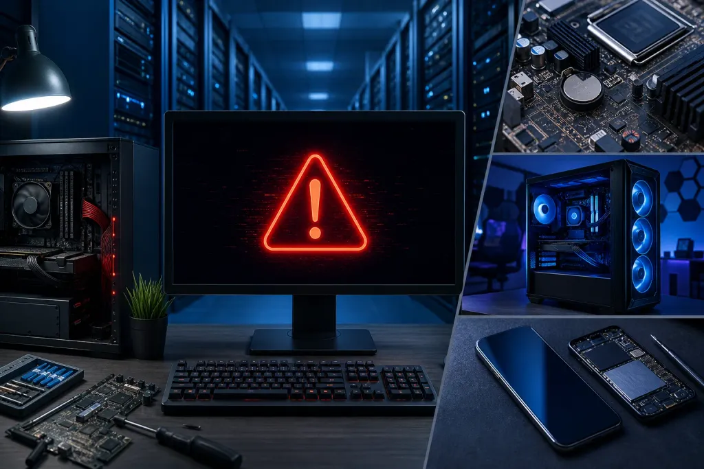 Collage: monitor displaying red warning triangle, open PC case, motherboard close-up, gaming tower with blue LEDs, disassembled phone Collage: monitor displaying red warning triangle, open PC case, motherboard close-up, gaming tower with blue LEDs, disassembled phone