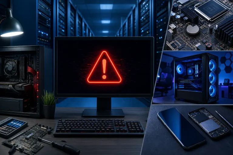 Collage: monitor displaying red warning triangle, open PC case, motherboard close-up, gaming tower with blue LEDs, disassembled phone Collage: monitor displaying red warning triangle, open PC case, motherboard close-up, gaming tower with blue LEDs, disassembled phone