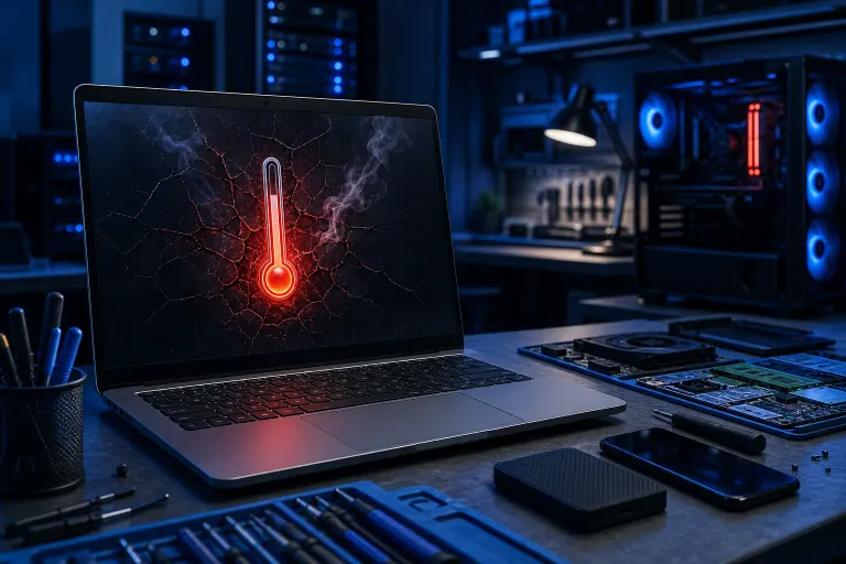 Laptop on tech workbench displaying glowing red thermometer with cracked heat pattern, surrounded by repair tools and components. Laptop on tech workbench displaying glowing red thermometer with cracked heat pattern, surrounded by repair tools and components.