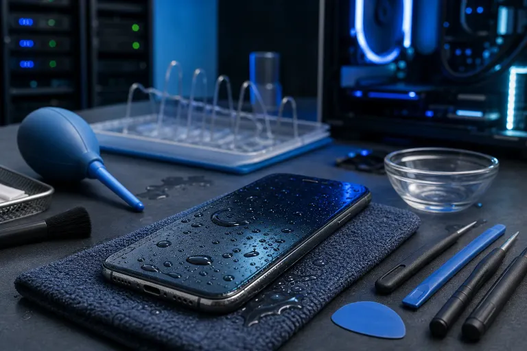 Wet smartphone covered in water droplets on a microfiber cloth, surrounded by repair tools, air blower, and cleaning accessories. Wet smartphone covered in water droplets on a microfiber cloth, surrounded by repair tools, air blower, and cleaning accessories.