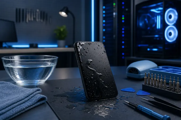 Wet smartphone covered in water droplets on dark surface, surrounded by bowl of water, microfiber cloth, and repair tools Wet smartphone covered in water droplets on dark surface, surrounded by bowl of water, microfiber cloth, and repair tools